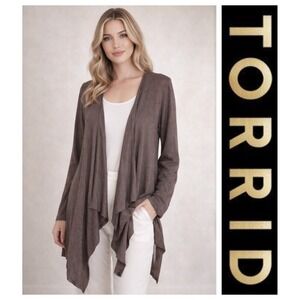 Torrid Brown Open Drape Front Knit Long Sleeve Lagenlook Peplum Cardigan 1X